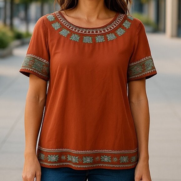 MUR MUR Anthropologie Rust Embroidered Boho Tunic M Rayon Festival Ethnic Folk - Picture 1 of 11